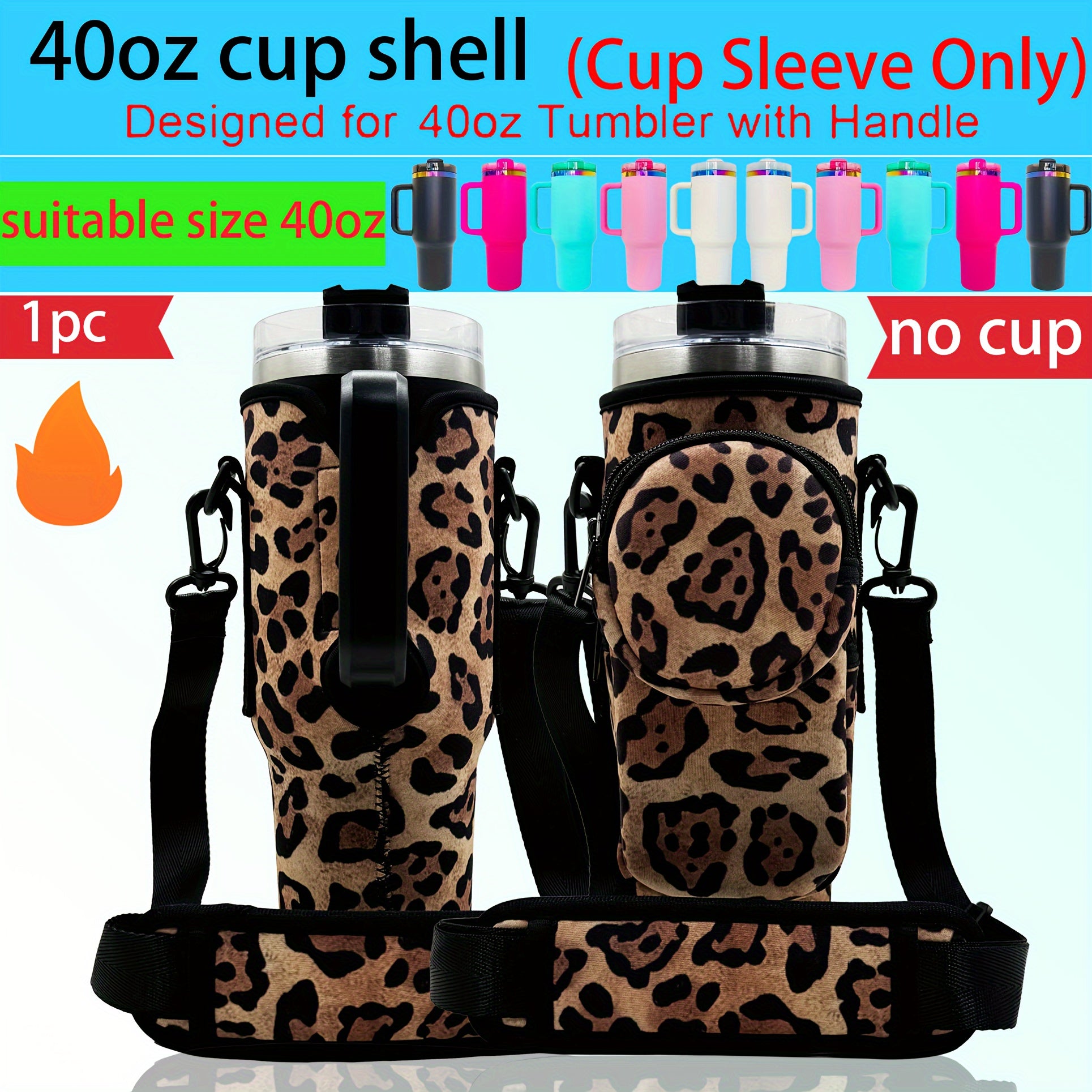 1pc Neoprene Sports Water Bottle Sleeve with Adjustable Shoulder Strap and Pocket, Universal Fit for 40oz Tumblers, Outdoor Carrying Case with Leopard Print Design